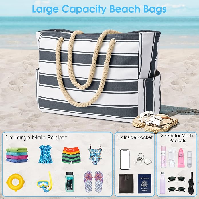 Becokan Beach Bags for Women Large Waterproof Beach Tote Bag Zipper Beach Bags - Image 5
