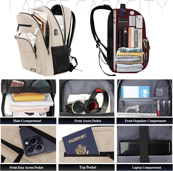 Beige Backpack for Men Women, School Backpack for Boys Girls Teens, 15.6 Inch - Image 2