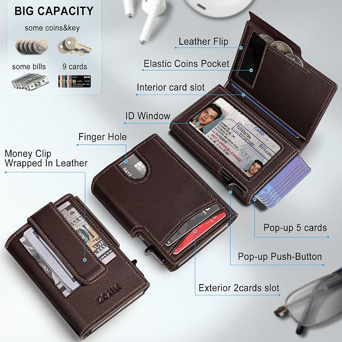 Men Wallet, with Money Clip Coins Pocket ID Window, Slim Front Pocket RFID - Image 2