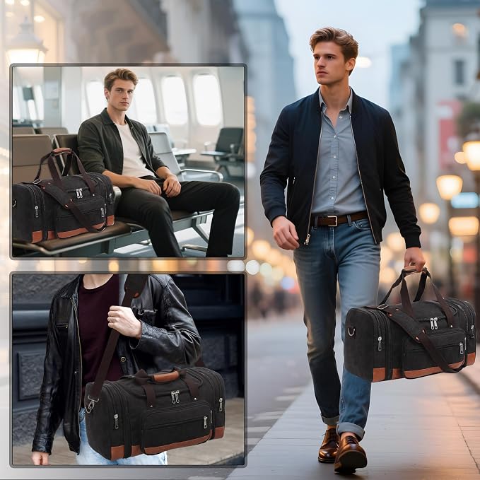 Men'S Duffle Bag For Travel, Expandable Canvas Duffel Bags Overnight Weekend - Image 2