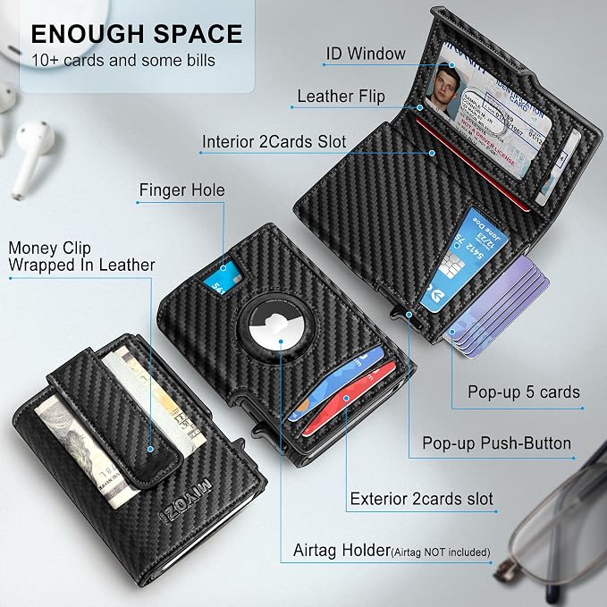 Airtag Wallet for Men, with Money Clip 10 Cards Metal Case Smart Slim Pop Up - Image 2