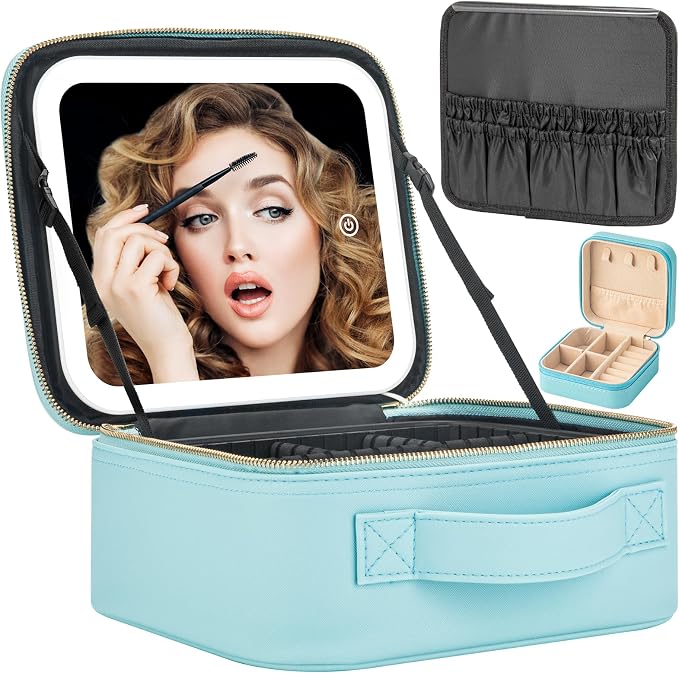 Makeup Travel Train Case with Mirror LED Light 3 Adjustable Brightness Large by Extrei+Gent