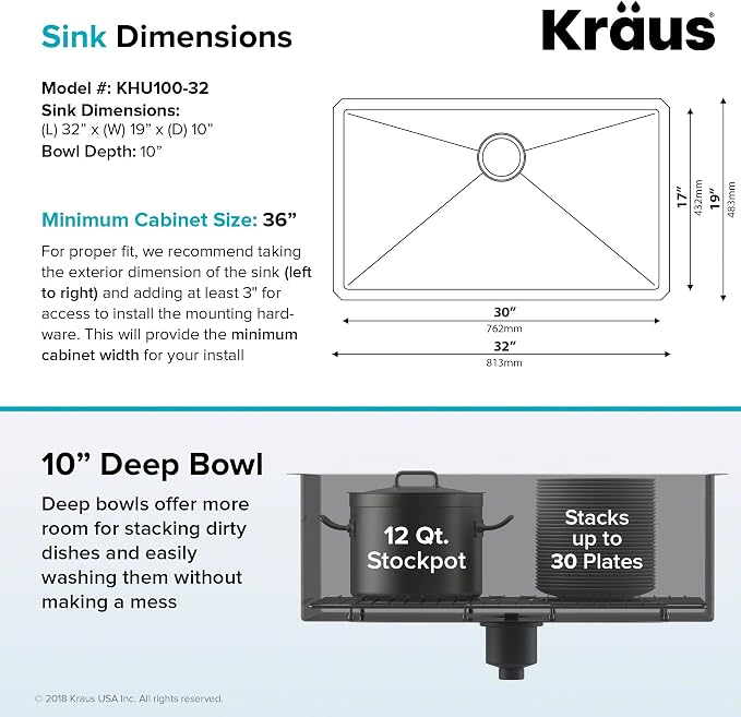 KRAUS Standart PRO™ 32-inch 16 Gauge Undermount Single Bowl Stainless Steel - Image 4