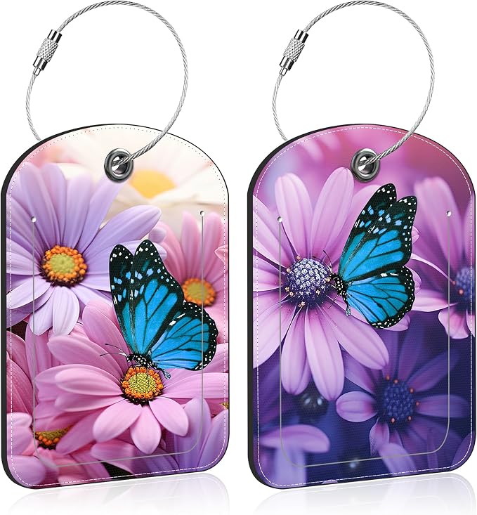 2 Pack Luggage Tag for Suitcase Purple Daisy and Butterfly Leather Suitcase Tags by Unknown