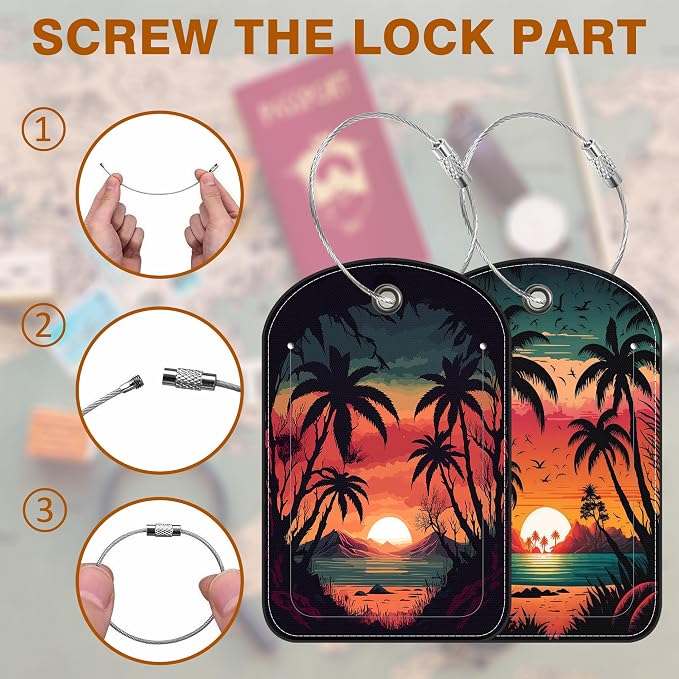 Sunset Mountain Lake Palm Tree Leather Luggage Tag - Image 4
