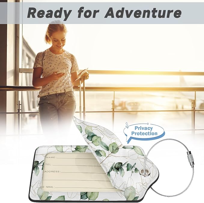 2 Pack Leather Luggage Tag for Suitcase Green White Eucalyptus Leaves Unique - Image 5
