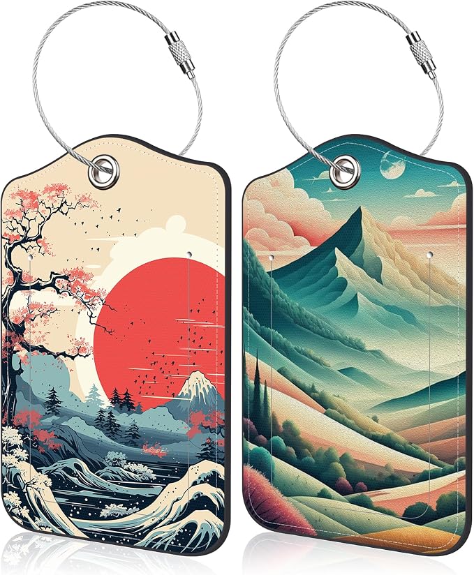 2 Pack Luggage Tags Mountains Clouds Waves Natural Landscape PU Leather Baggage by Unknown