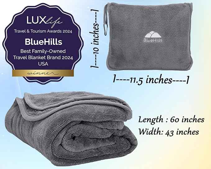 BlueHills Premium Soft Travel Blanket Pillow Airplane Flight Blanket Throw Bag - Image 3