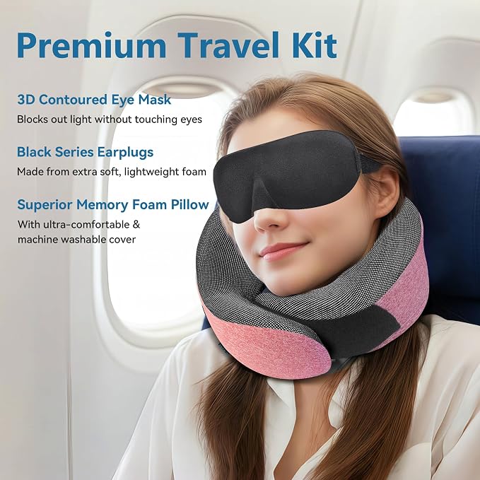 Pink Airplane Travel Pillow Set, 100% Pure Memory Foam Neck Pillow, Updated - Image 2