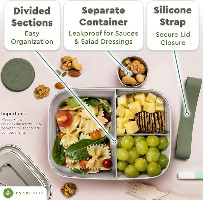 Everusely - Bento Box - Sage, 47oz / 1.4 L - Stainless Steel Lunch Box - 3 - Image 4
