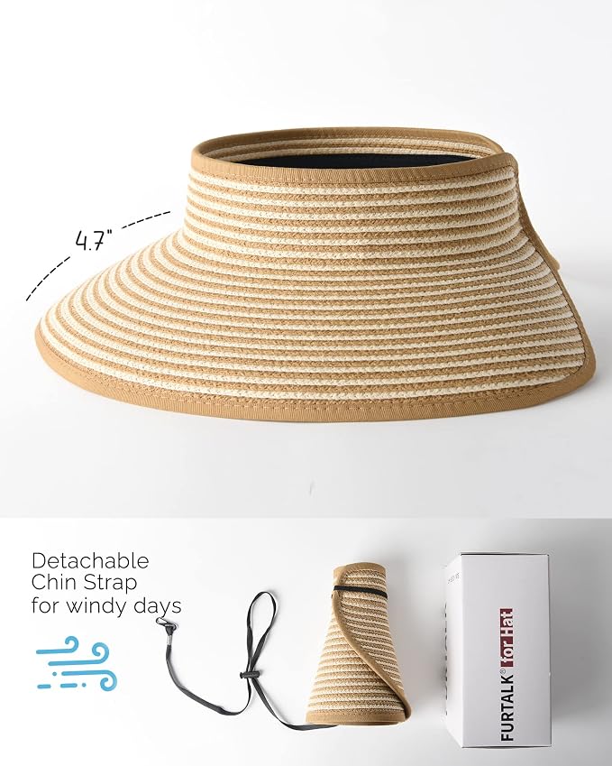 FURTALK Sun Hats for Women Wide Brim Beach Hat Straw Visor Ponytail Summer UV - Image 3