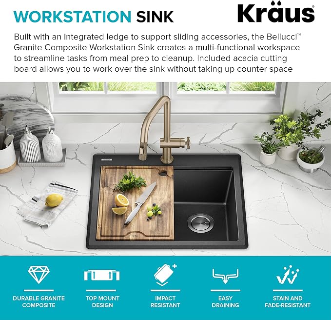 KRAUS Bellucci 25-inch Granite Workstation Drop In Top Mount Single Bowl - Image 3