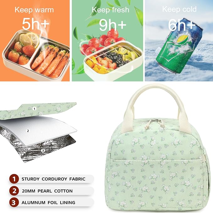 Bluboon Lunch Bag for Women Men Cute Corduroy Lunch Tote Bags Reusable - Image 2