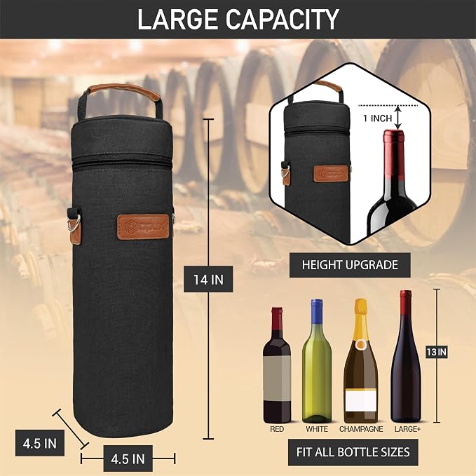 opux Wine Bag Single Bottle Carrier Tote, Insulated Wine Cooler Bag - Image 3