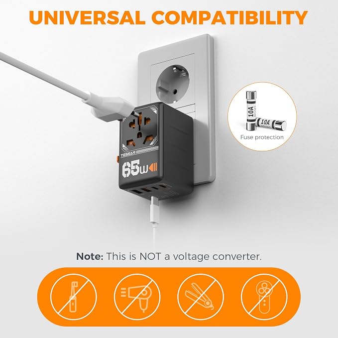 TESSAN Universal Travel Adapter, GaN 65W International Plug Adaptor - Image 5
