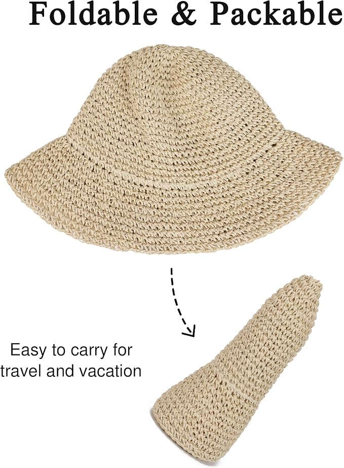 Womens Wide Brim Straw Sun Hat Foldable Floppy Crochet Beach Hat - Image 7