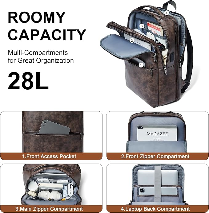 Vegan Leather Laptop Backpack for Women&Men, 16 Inch Expandable Backpack - Image 3