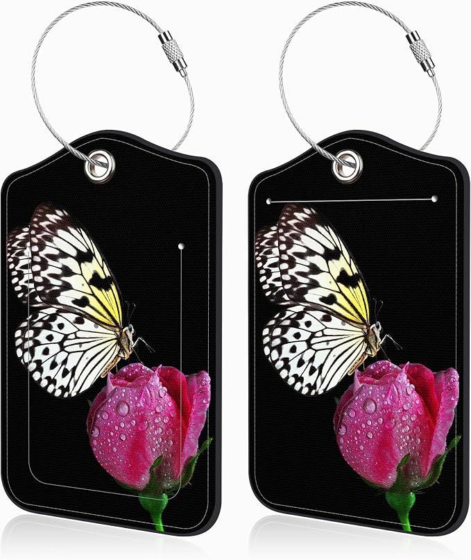 2 Pack Luggage Tags for Suitcases Butterfly on Pink Rose Leather Luggage Tags by Unknown