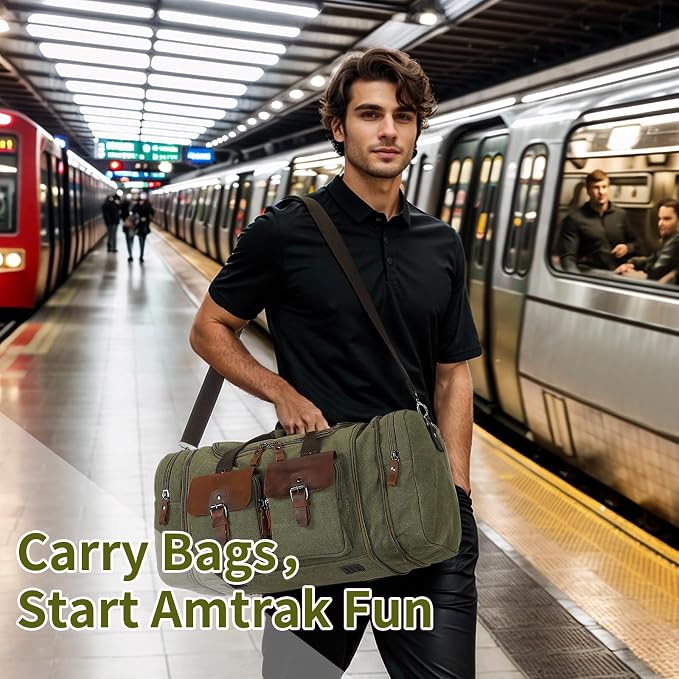 Canvas Duffle Bag with Genuine Leather Accents, Expandable 20-23 Inch Travel - Image 7