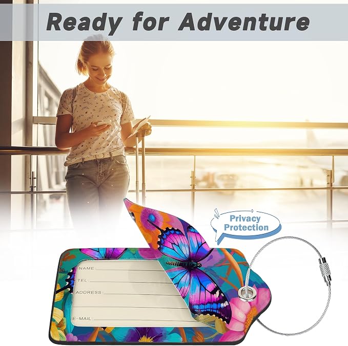 2 Pack Luggage Tag for Suitcase, Groovy Flowers Butterflies Leather Suitcase - Image 5
