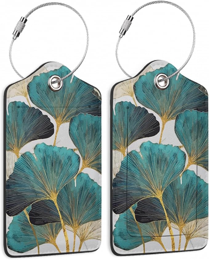 2 Pack Luggage Tag for Suitcases Green Ginkgo Leaf PU Leather Bag Travel by SKYDAWNY