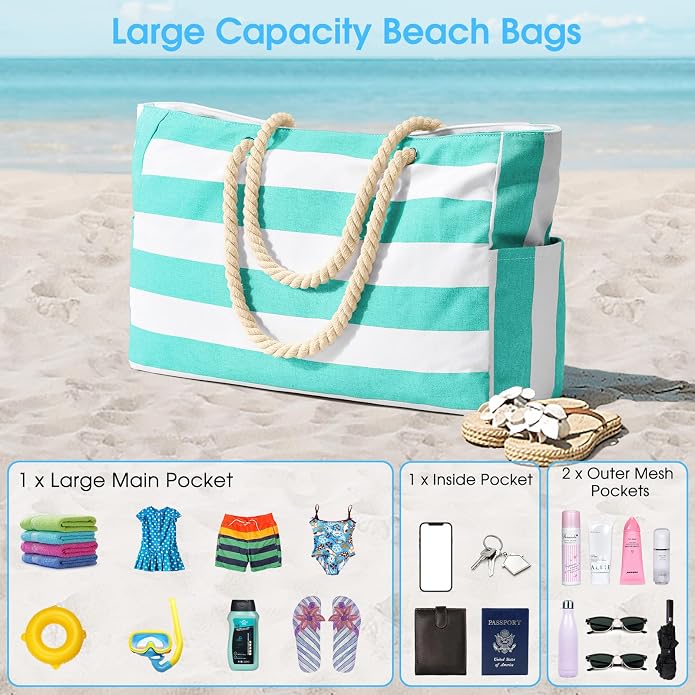 Becokan Beach Bags for Women Large Waterproof Beach Tote Bag Zipper Beach Bags - Image 5