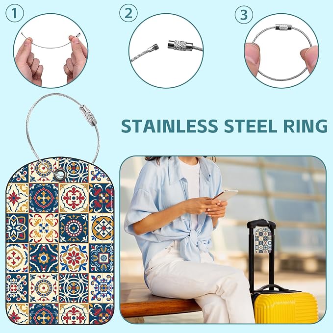 2 Pack Cute Luggage Tag for Suitcases Portuguese Tiles Leather Luggage Tags - Image 3