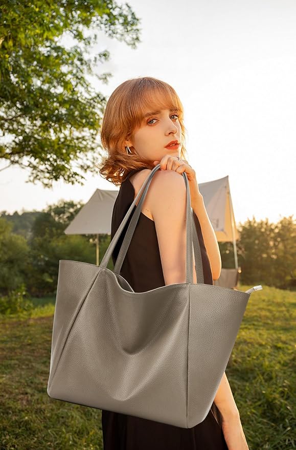 KALIDI Large Tote Bag Vegan Leather Casual Zipper Work Bag Weekender Hobo - Image 7