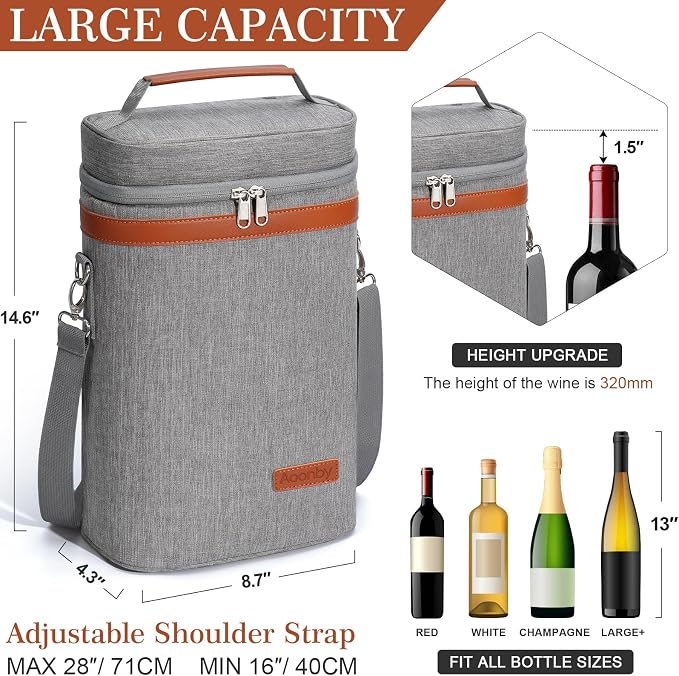 2 Bottle Wine Bag Wine Cooler Carrier Wine Gift Tote Bag, Leakproof & Insulated - Image 2