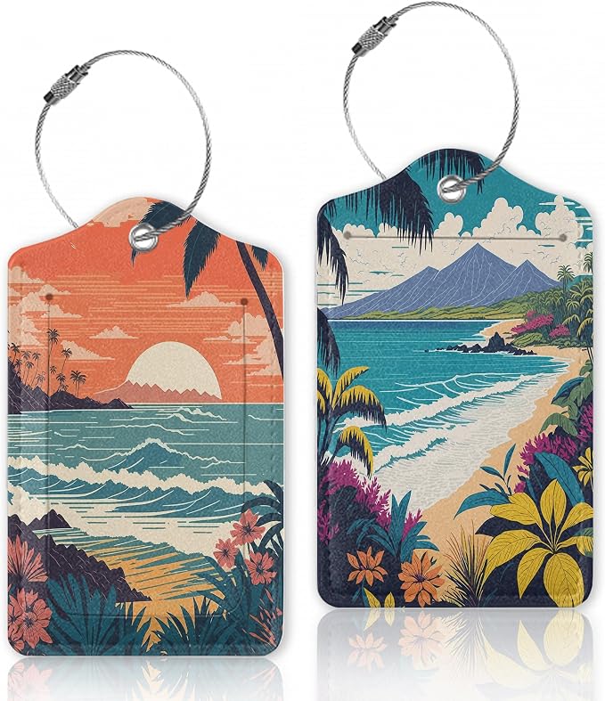2 Pcs Luggage Tags for Suitcase, Tropical Palm Ocean Landscape Vintage Luggage by Oeaskly