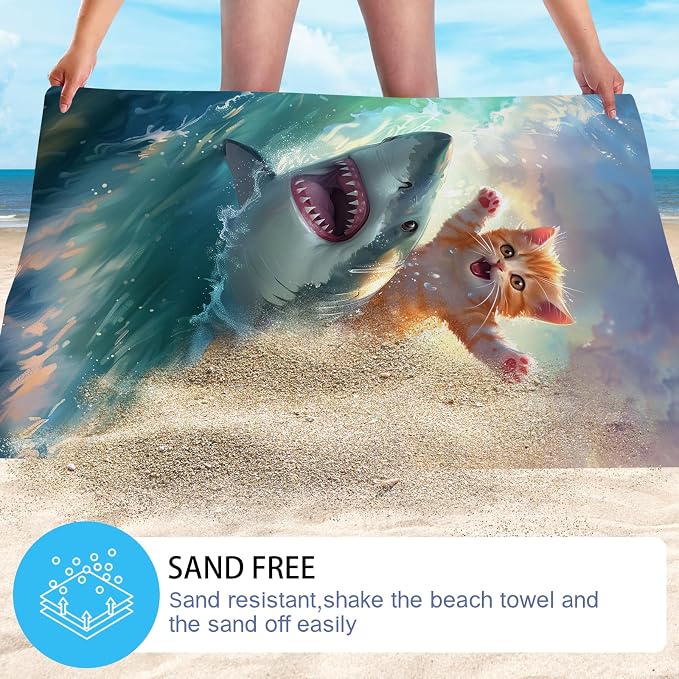 WZOMT Cute Cat Beach Towel, Microfiber Shark Beach Towel, Funny Cat Ride Shark - Image 4