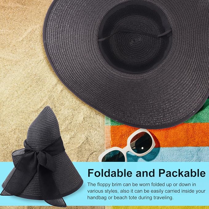 DRESHOW Beach Hats for Women Big Straw Wide Brim Summer Hat Floppy Foldable - Image 4