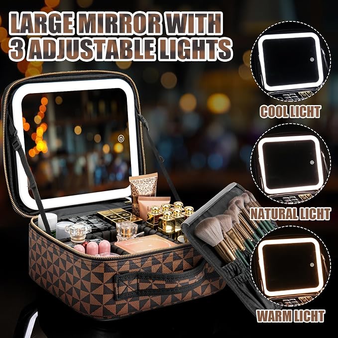 Makeup Travel Train Case with Mirror LED Light 3 Adjustable Brightness Large - Image 4