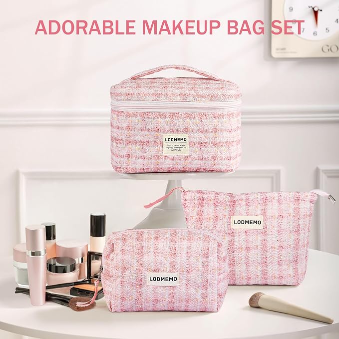 Makeup Bag 3 PCS Quilted Cosmetic Bags - Image 7