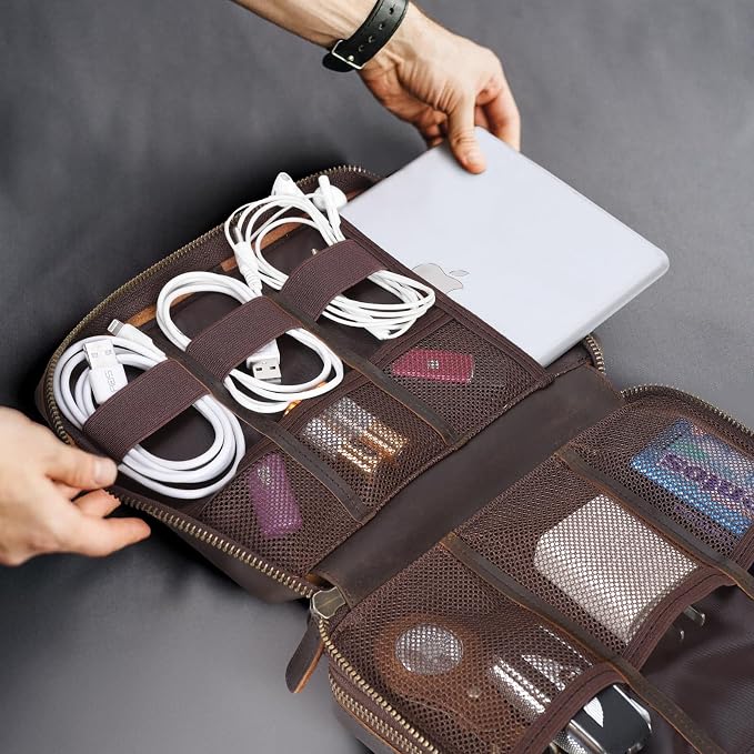 Polare Full Grain Leather Travel Cable Organizer Case Double Layer Electronics - Image 5