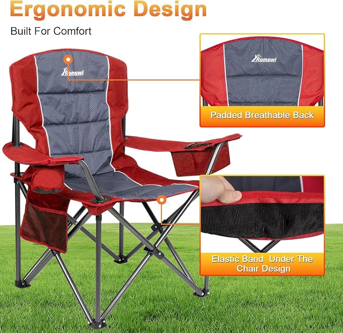 Romswi Oversized Camping Chairs, Heavy Duty Support 500 LBS, Padded Back & Arm - Image 4