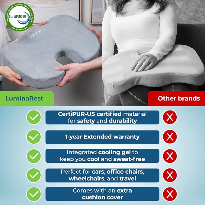 LuminaRest® Gel Seat Cushion for Long Sitting – CertiPUR-US® Certified Memory - Image 5
