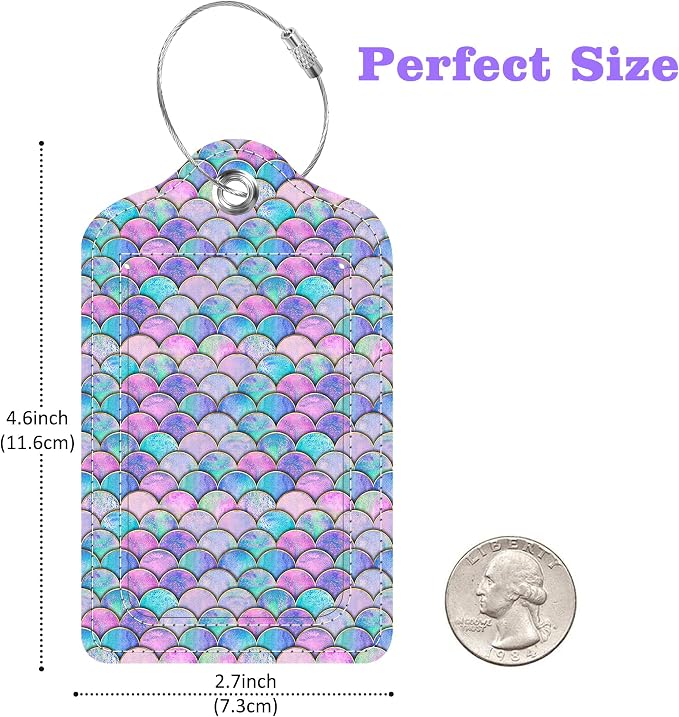 2 Pack Luggage Tags for Suitcase Watercolor Mermaid Fish Scale Wave Leather - Image 2