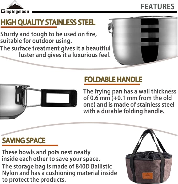 CAMPINGMOON Camping Cookware Set Stainless Steel Outdoor Nesting Cooking Mess - Image 3