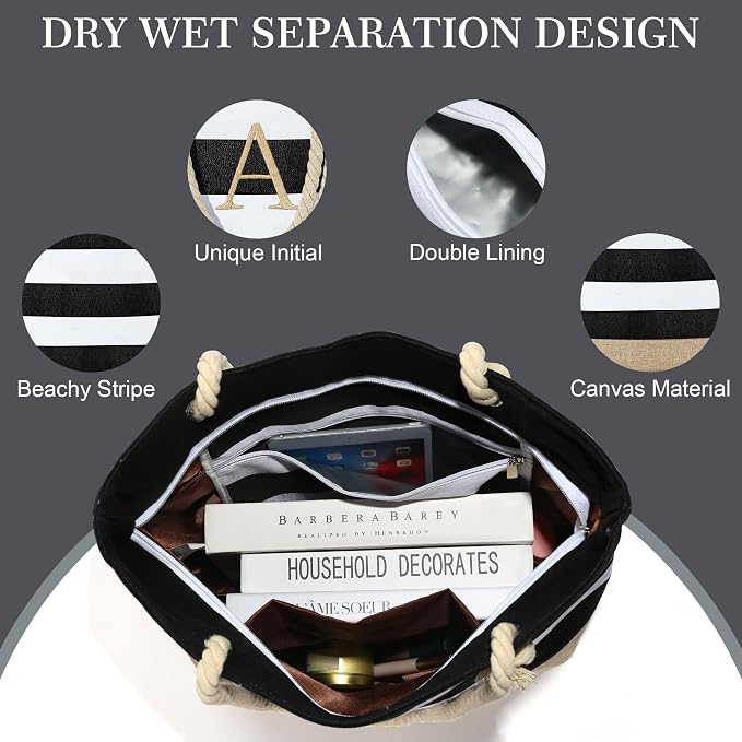 YOOLIFE Initial Canvas Waterproof Beach Tote Bag Zipper Personalized Gifts - Image 7