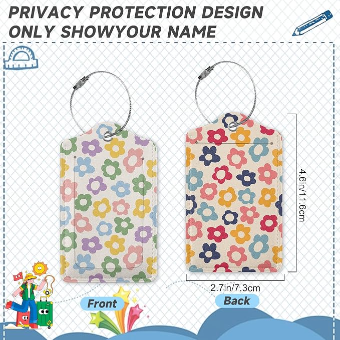 2 Pack Luggage Tag for Suitcase, Vintage Groovy Flower Leather Bag Tags - Image 2