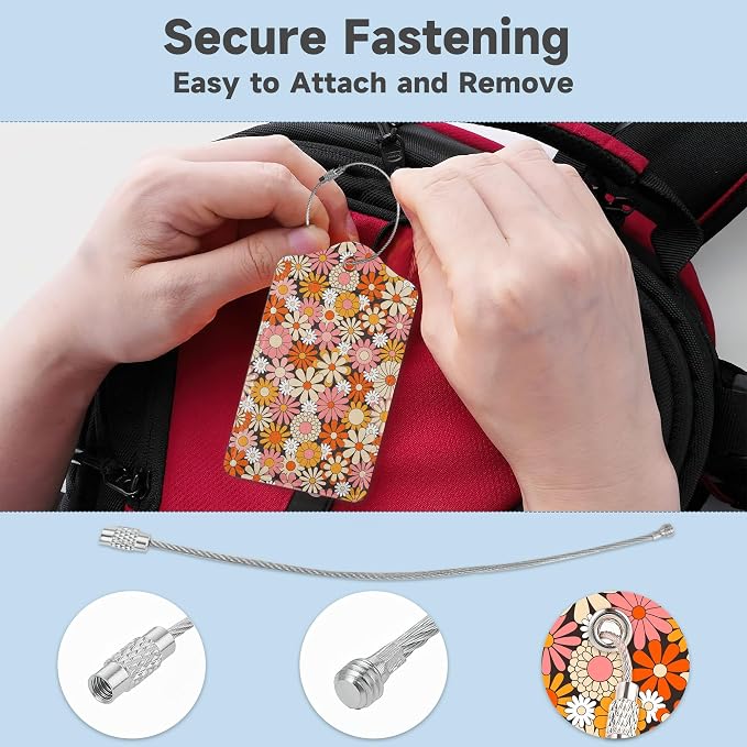 2 Pack Luggage Tag for Suitcase, Vintage Groovy Flowers Leather Suitcase Tags - Image 3