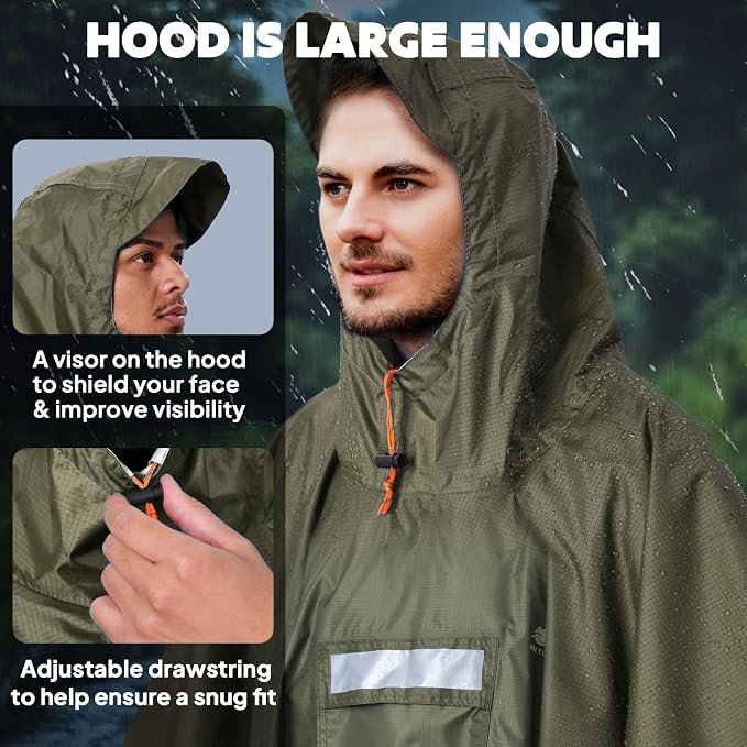 ANYOO Hooded Rain Poncho for Adults Waterproof Lightweight Rain Coat for Men - Image 4