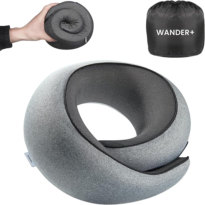 WANDER PLUS® Travel Neck Pillow, Pure Memory Foam Neck Pillow by WANDERPLUS