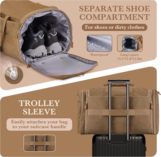 SHOWKOO Duffle Bag for Travel 60L Expandable Canvas Travel Bag Durable Vintage - Image 6