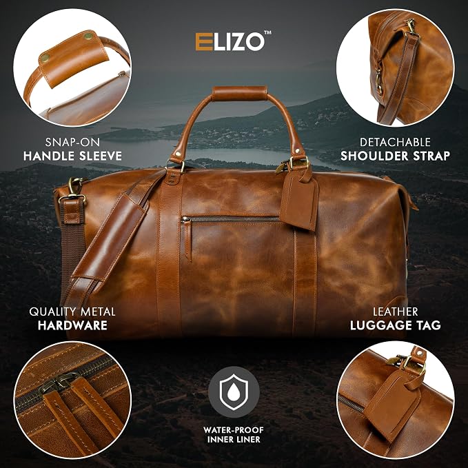 ELIZO Large Leather Duffle Bag For Men Women Big REAL FULL GRAIN Travel - Image 3