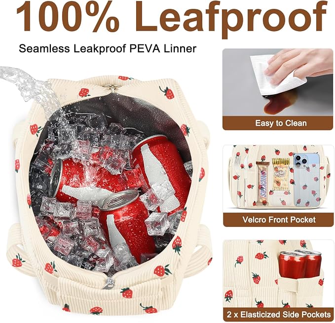 Corduroy Lunch Box Lunch Bag for Women Men, Cute Strawberry Small Insulated - Image 4