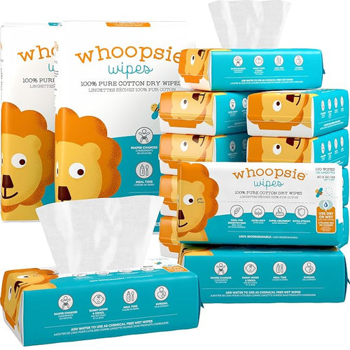 100% Pure Cotton Dry Wipes | 1200 Count | Use Wet or Dry | Soft & Sensitive | by WhoopsieWipes