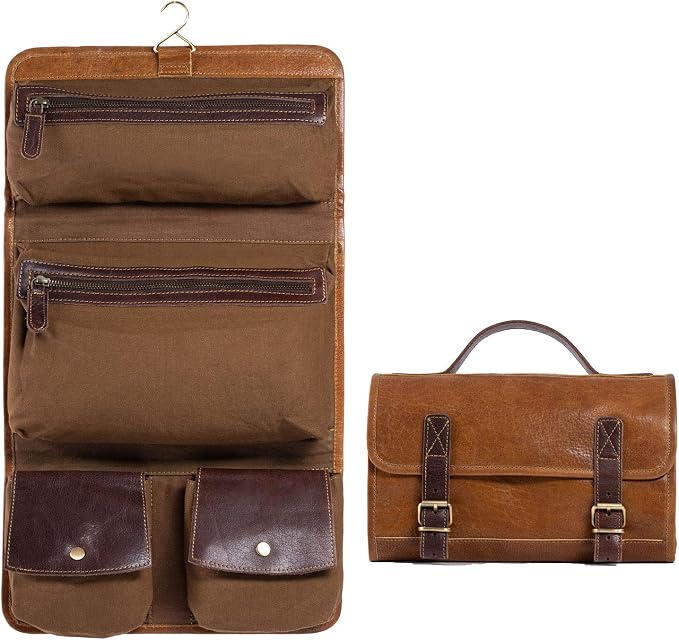 KomalC Premium Buffalo Leather Hanging Toiletry Bag Travel Dopp Kit by KomalC