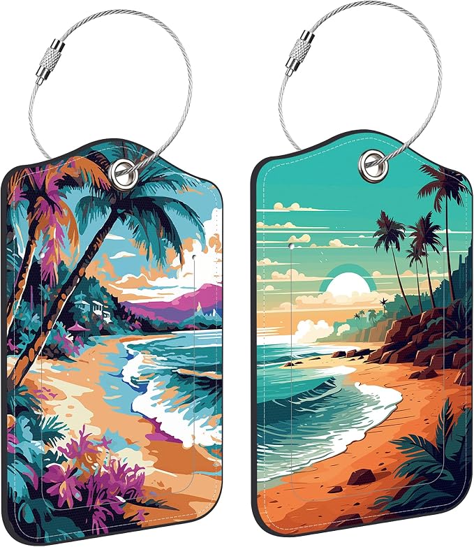 2 PCS Leather Luggage Tags for Suitcase Sea and Beach Coastal Landscape Travel by Unknown